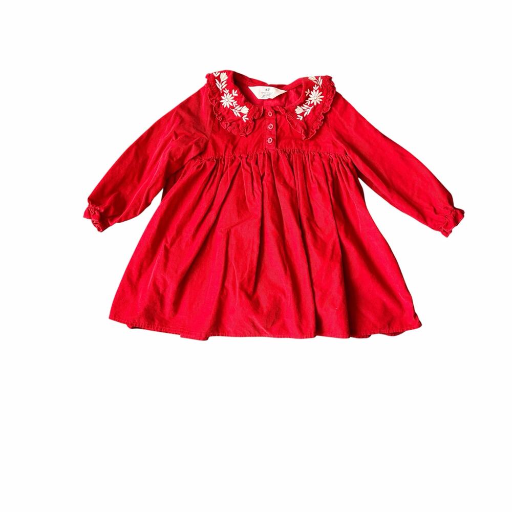 H&M Red Corduroy Dress with Embroidered Collar